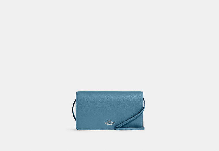 COACH®,ANNA FOLDOVER CLUTCH CROSSBODY,Pebbled Leather,Medium,Anniversary,Silver/Pacific Blue,Front View