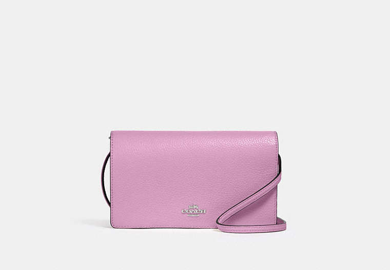 COACH®,ANNA FOLDOVER CLUTCH CROSSBODY,Pebbled Leather,Medium,Anniversary,Silver/Violet Orchid,Front View