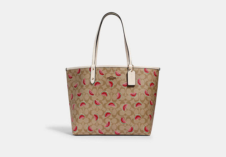 COACH®,REVERSIBLE CITY TOTE IN SIGNATURE CANVAS WITH WATERMELON PRINT,pvc,Gold/Lt Khaki/Red Multi/Chalk,Front View