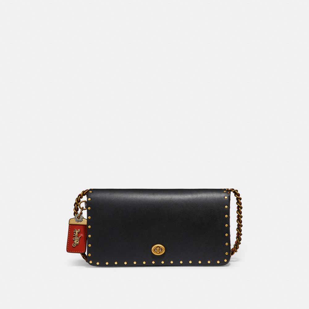 COACH®,DINKY WITH RIVETS AND SNAKESKIN DETAIL,Leather,Brass/Black,Front View