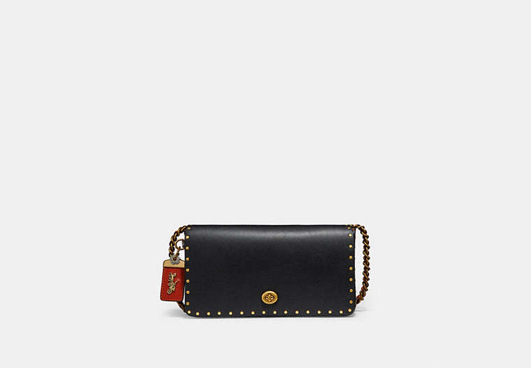 COACH®,DINKY WITH RIVETS AND SNAKESKIN DETAIL,Leather,Brass/Black,Front View