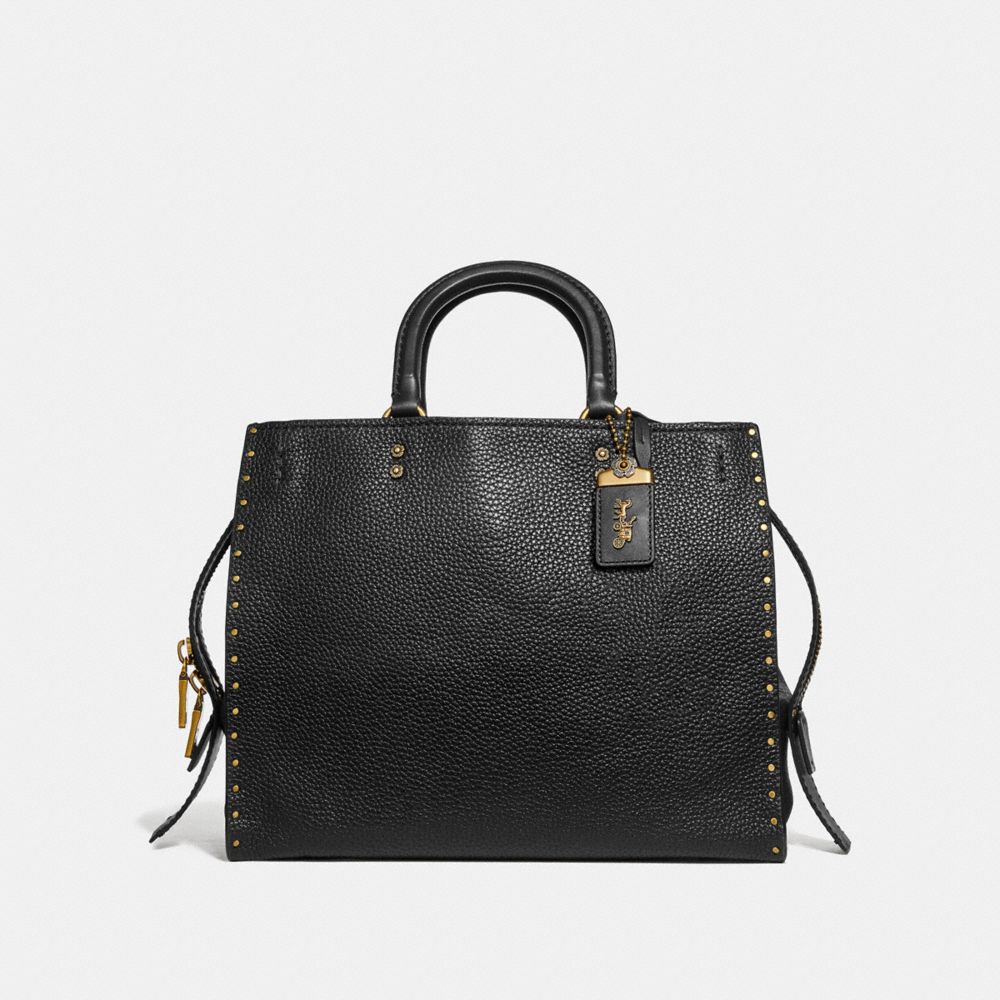 COACH®,ROGUE BAG WITH RIVETS,Leather,Large,Brass/Black,Front View