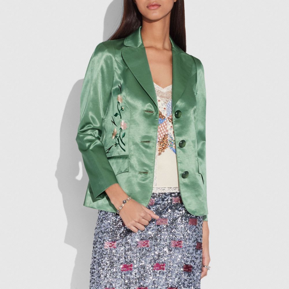 COACH®,SATIN TAILORED JACKET,Satin,Dusty Green,Front View