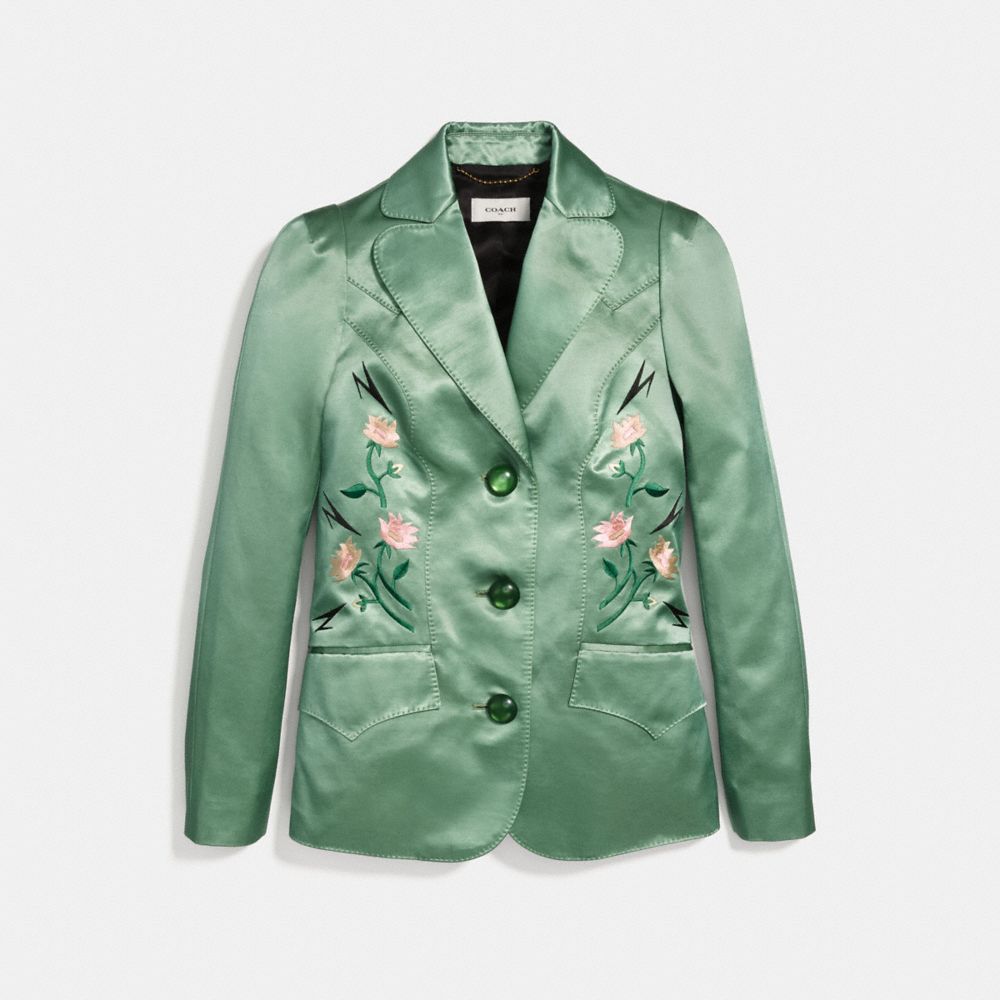 COACH®,SATIN TAILORED JACKET,Satin,Dusty Green,Scale View