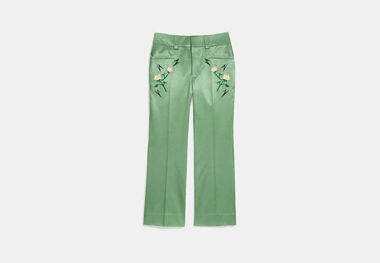 COACH®,SATIN TAILORED TROUSERS,Satin,Dusty Green,Front View
