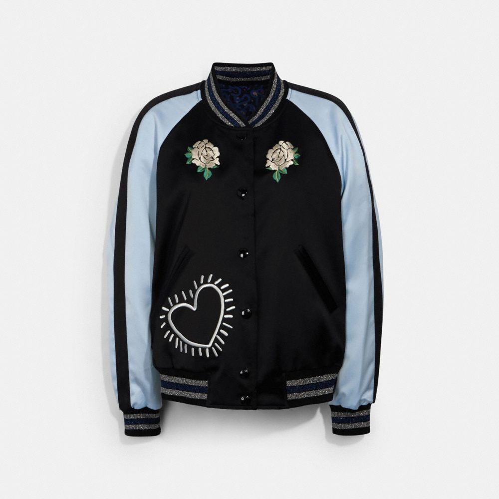 COACH®,COACH X KEITH HARING REVERSIBLE SATIN JACKET,Satin,Black/Black,Front View image number 0