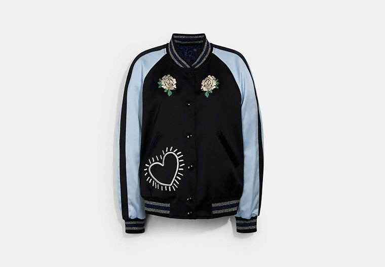 COACH®,COACH X KEITH HARING REVERSIBLE SATIN JACKET,Satin,Black/Black,Front View image number 0
