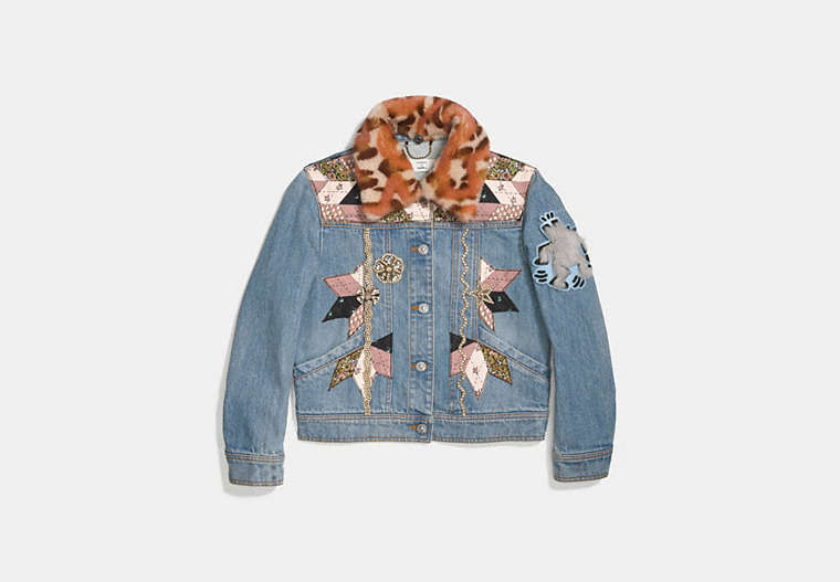 COACH®,EMBELLISHED QUILTED PATCHWORK DENIM JACKET,cotton,BLUE,Front View