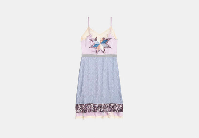 COACH®,QUILTED PATCHWORK SLIP DRESS,Mixed Material,Pale Lilac,Front View