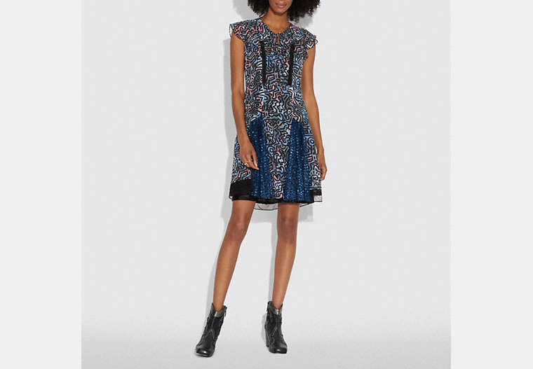COACH®,COACH X KEITH HARING FRILLED DRESS,Mixed Material,Dark Blue,Front View