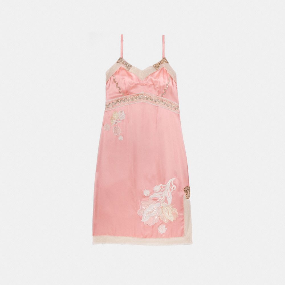 COACH®,EMBELLISHED EMPIRE SLIP DRESS,Mixed Material,Pajama Pink,Front View