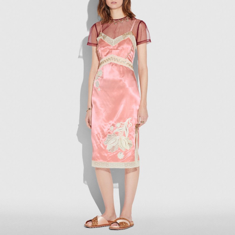 COACH®,EMBELLISHED EMPIRE SLIP DRESS,Mixed Material,Pajama Pink,Scale View