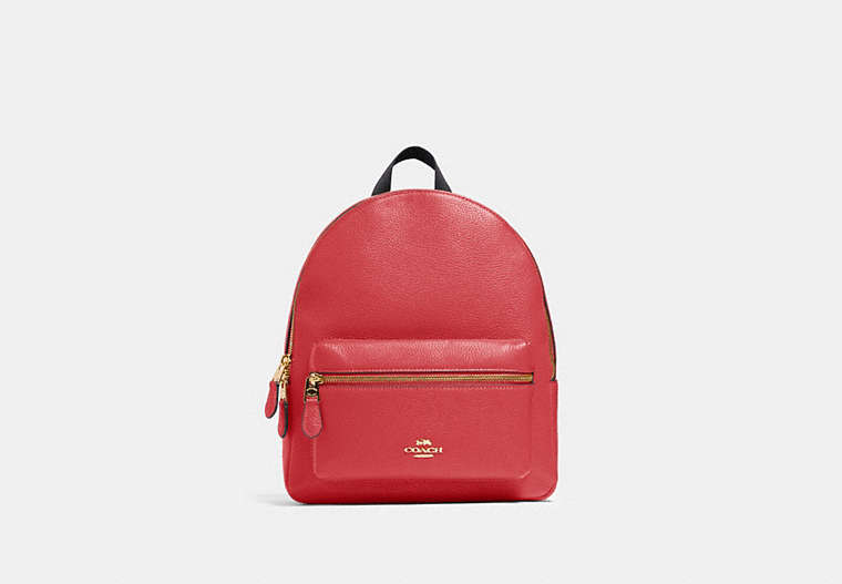 COACH®,MEDIUM CHARLIE BACKPACK,Leather,Medium,Gold/Poppy,Front View