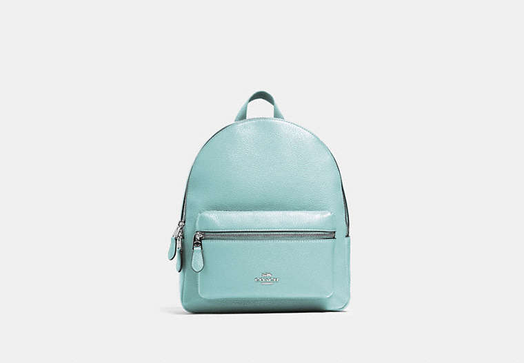 COACH®,MEDIUM CHARLIE BACKPACK,Leather,Medium,Silver/SEAFOAM,Front View
