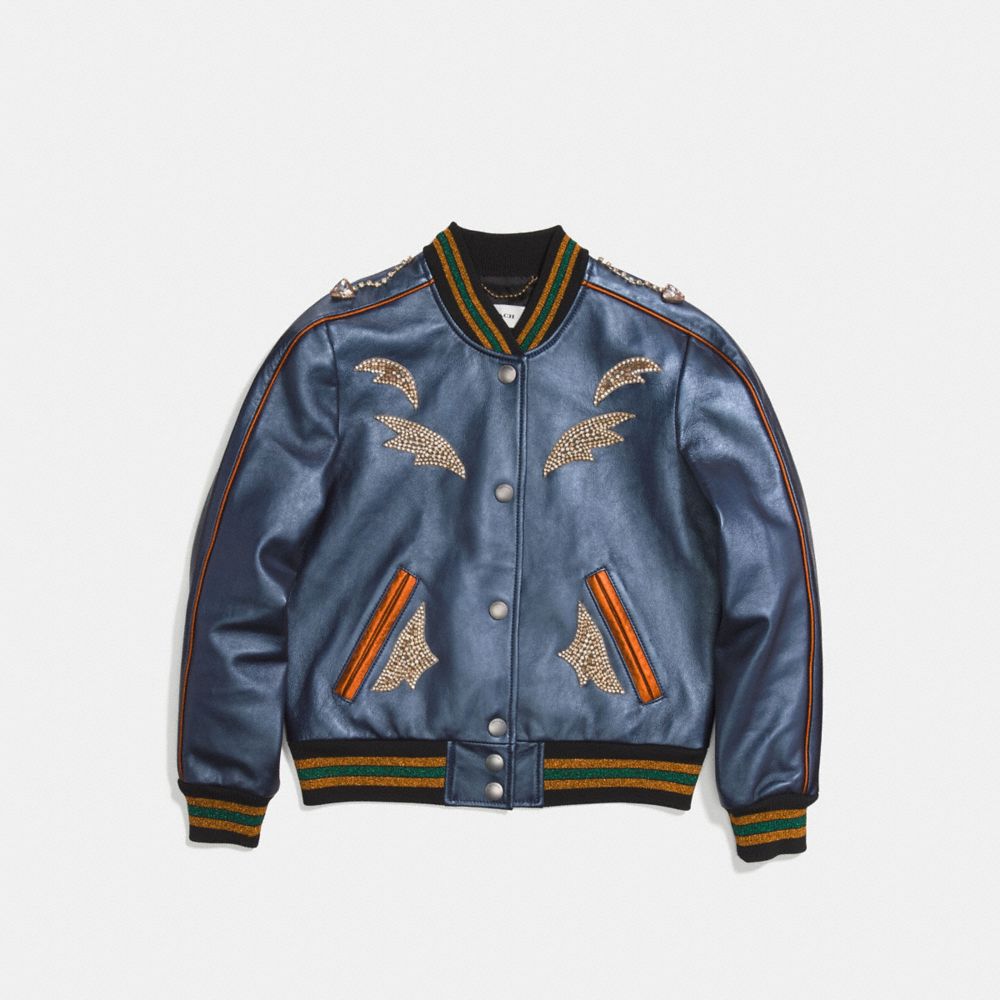 COACH®,SHRUNKEN LEATHER VARSITY JACKET,Leather,Metallic Cadet Blue,Scale View