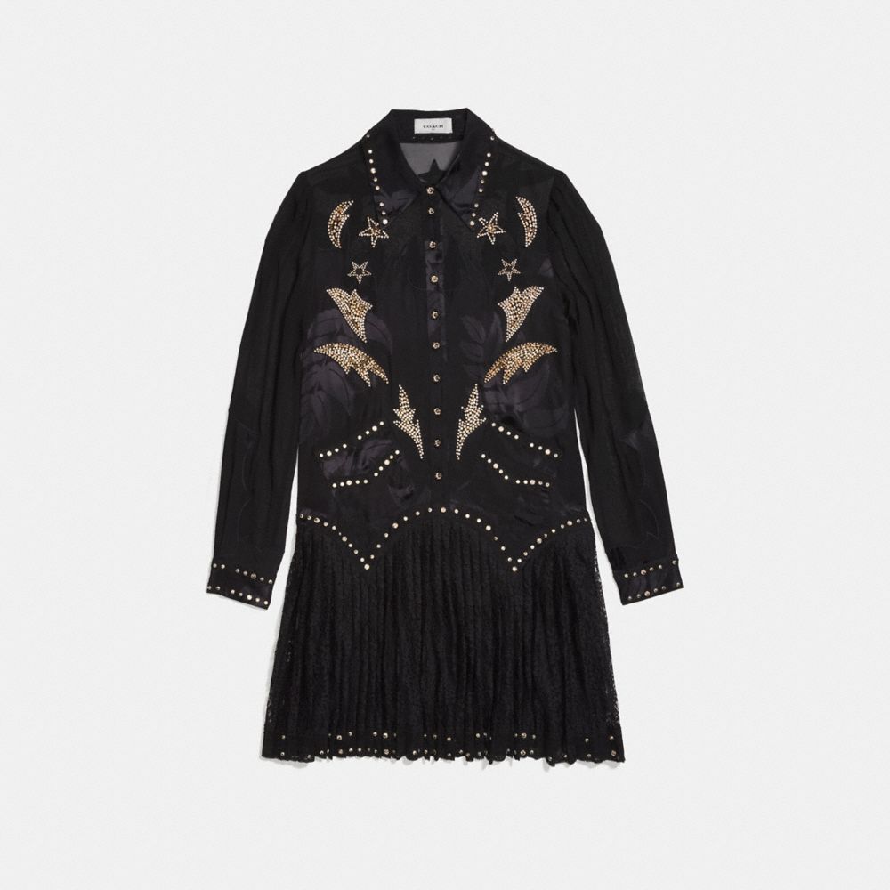 COACH®,CRYSTAL EMBELLISHED WESTERN DRESS,Mixed Material,Black,Front View image number 0
