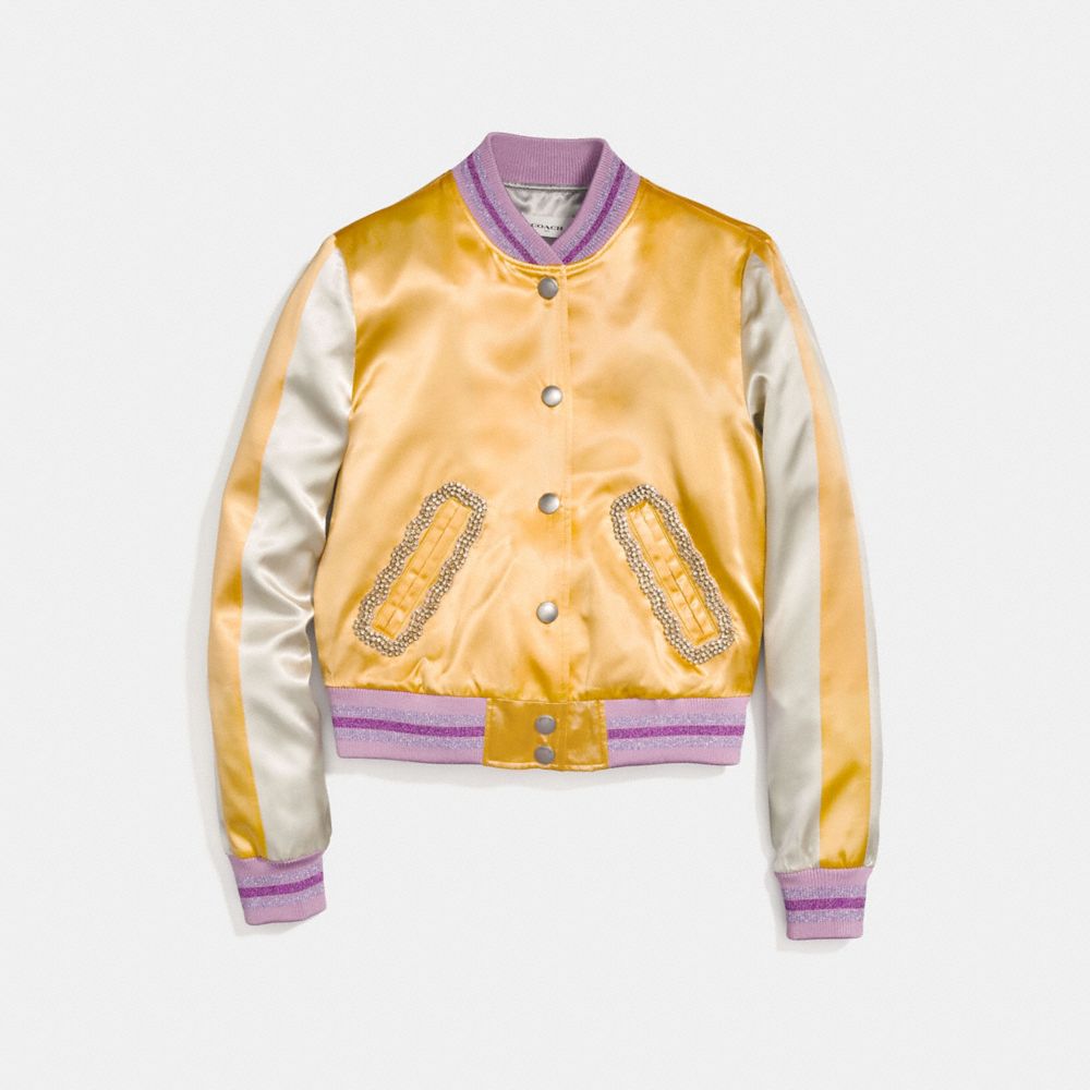 COACH®,SATIN VARSITY JACKET,Satin,Dirty Gold,Front View