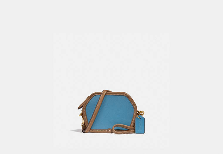 COACH®,GEOMETRIC COIN CASE IN COLORBLOCK,Leather,Mini,Brass/Pacific Blue Multi,Front View image number 0