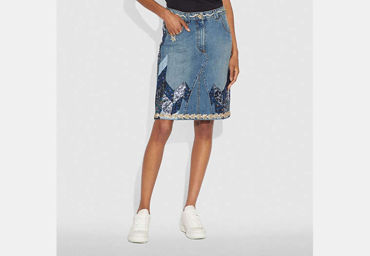 COACH®,QUILTED PATCHWORK DENIM SKIRT,cotton,BLUE,Front View image number 0
