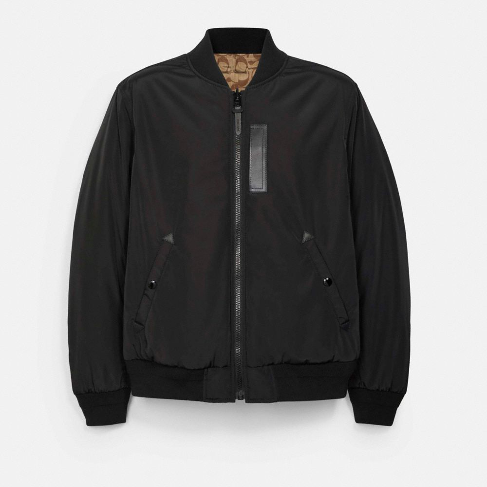 COACH®,REVERSIBLE SIGNATURE MA-1 JACKET,Black/Khaki,Front View