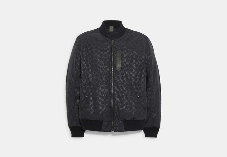 COACH®,REVERSIBLE SIGNATURE MA-1 JACKET,n/a,Navy/Charcoal,Front View