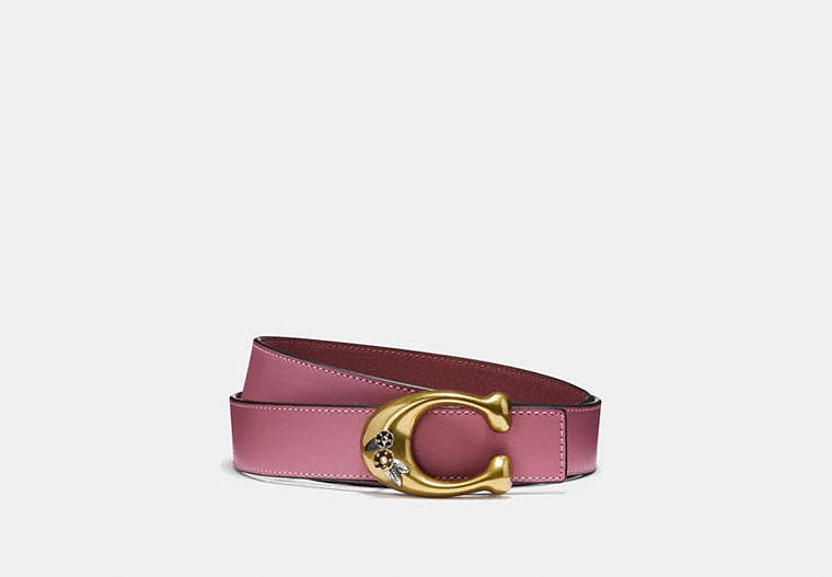COACH®,TEA ROSE SIGNATURE BUCKLE REVERSIBLE BELT, 32MM,n/a,Rose/Wine Brass,Front View