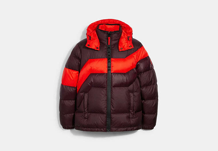 COACH®,HOODED DOWN JACKET,n/a,Burgundy,Front View