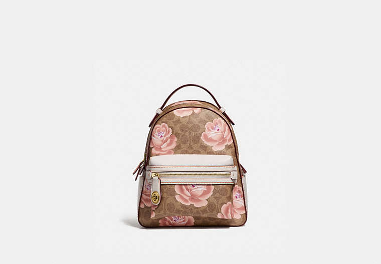 COACH®,CAMPUS BACKPACK 23 IN SIGNATURE ROSE PRINT,Coated Canvas,Medium,Brass/Tan/Chalk,Front View