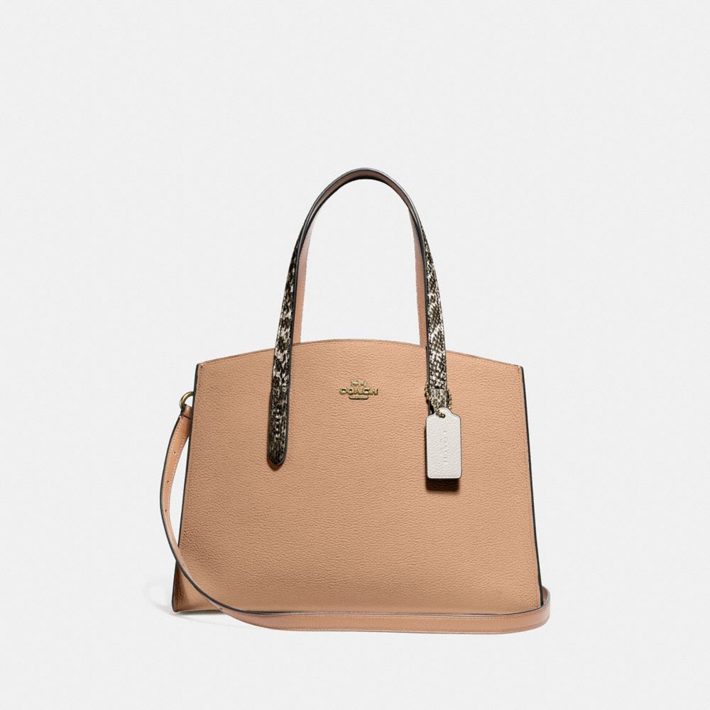 COACH®,CHARLIE CARRYALL WITH COLORBLOCK SNAKESKIN DETAIL,Pebble Leather/Exotic,Gold/Beige,Front View image number 0
