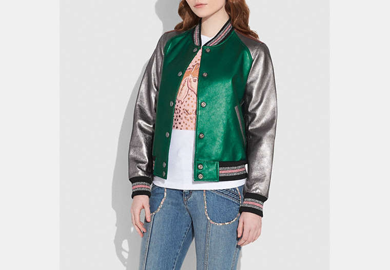 COACH®,LEATHER VARSITY JACKET,Leather,METALLIC GREEN,Front View image number 0