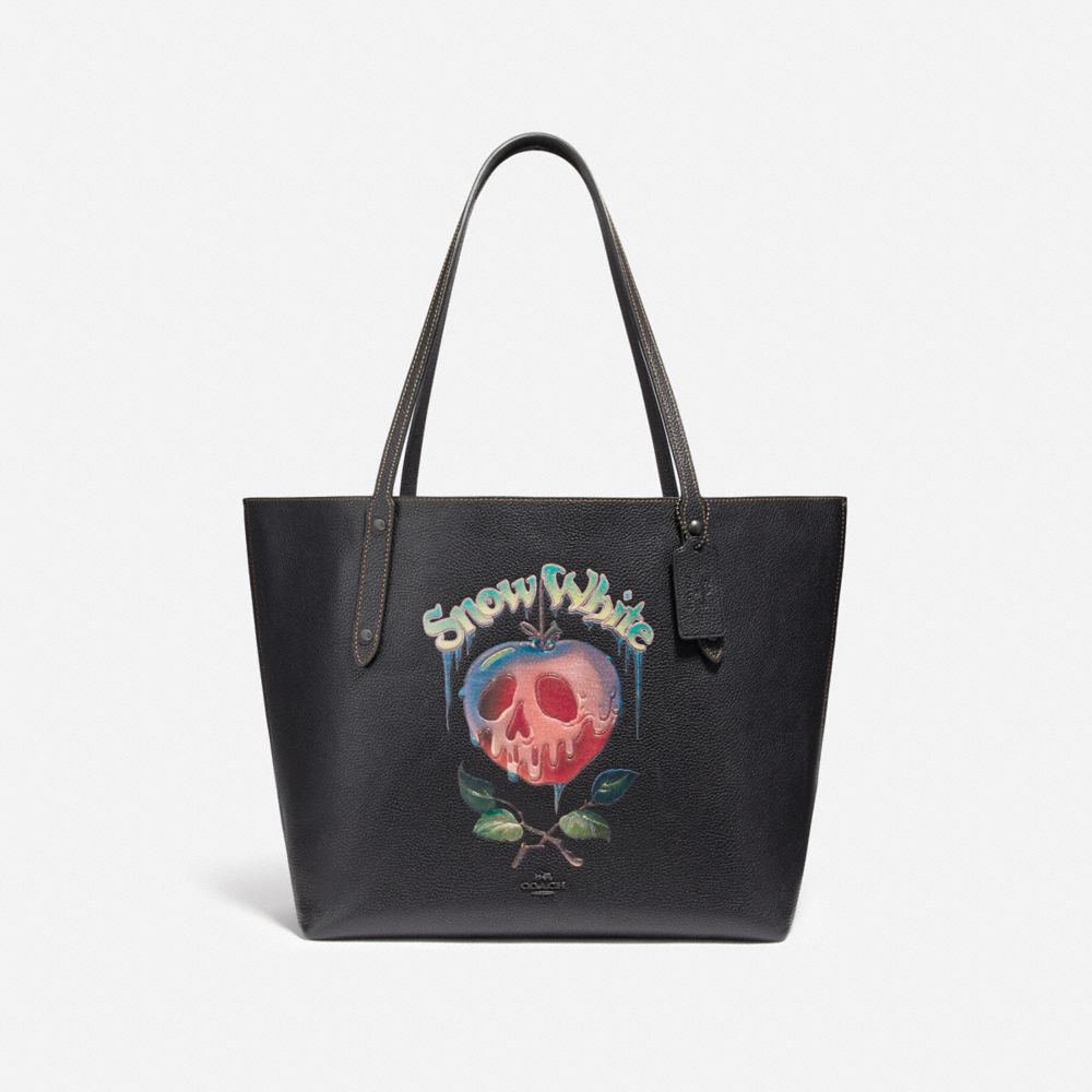 COACH®,DISNEY X COACH MARKET TOTE WITH POISON APPLE GRAPHIC,Leather,Large,Black Copper/Black,Front View