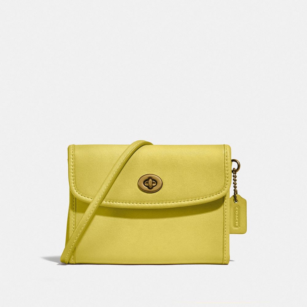 COACH®,TURNLOCK FLAP WALLET,Leather,Brass/CHARTREUSE,Front View image number 0