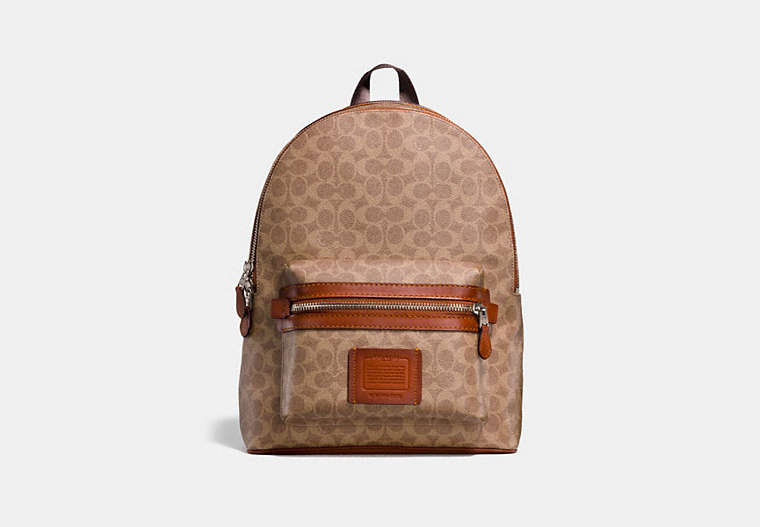 COACH®,ACADEMY BACKPACK IN SIGNATURE CANVAS,Coated Canvas,X-Large,Light Antique Nickel/Khaki,Front View