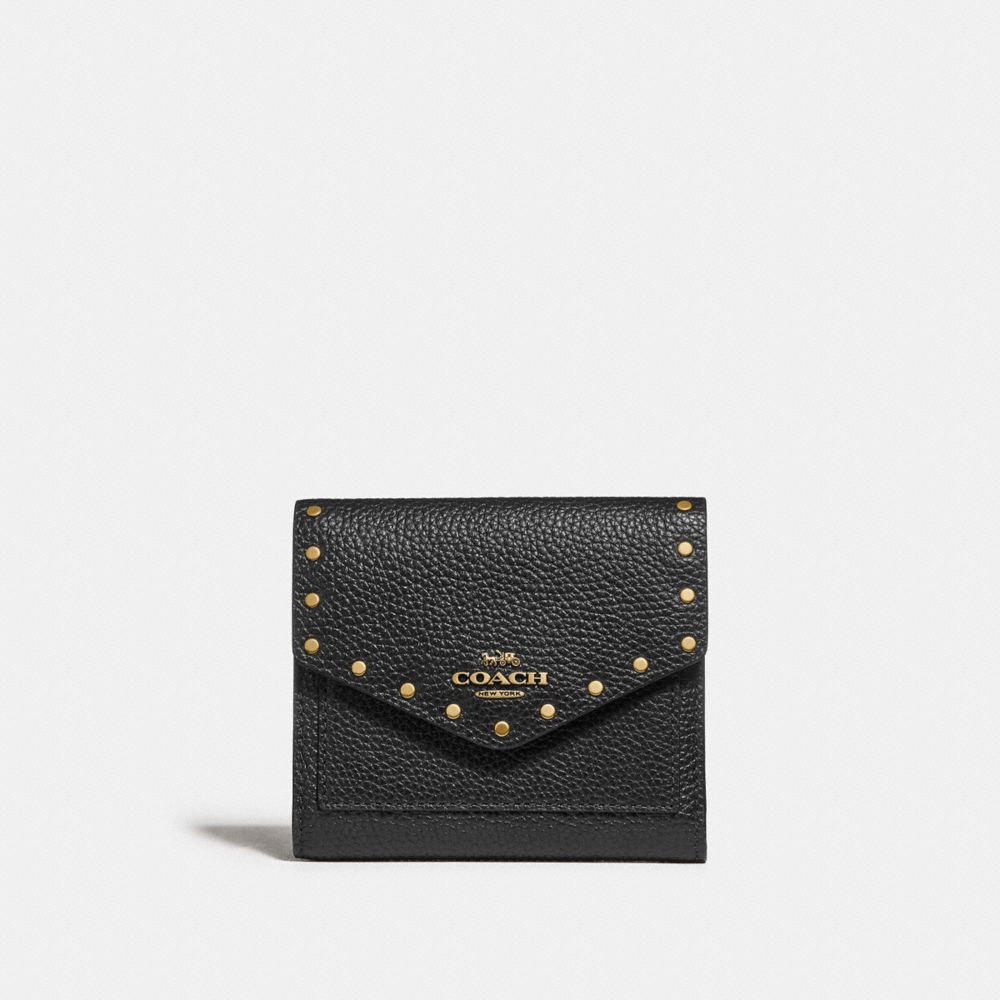 COACH®,SMALL WALLET WITH RIVETS,Leather,Brass/Black,Front View