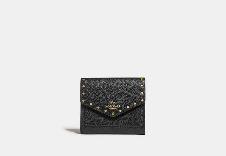 COACH®,SMALL WALLET WITH RIVETS,Leather,Brass/Black,Front View
