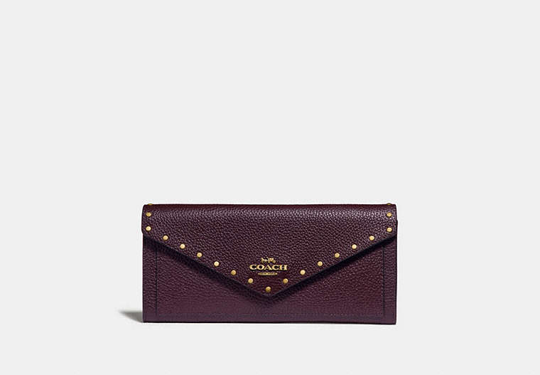 COACH®,SOFT WALLET WITH RIVETS,Leather,Brass/Oxblood,Front View