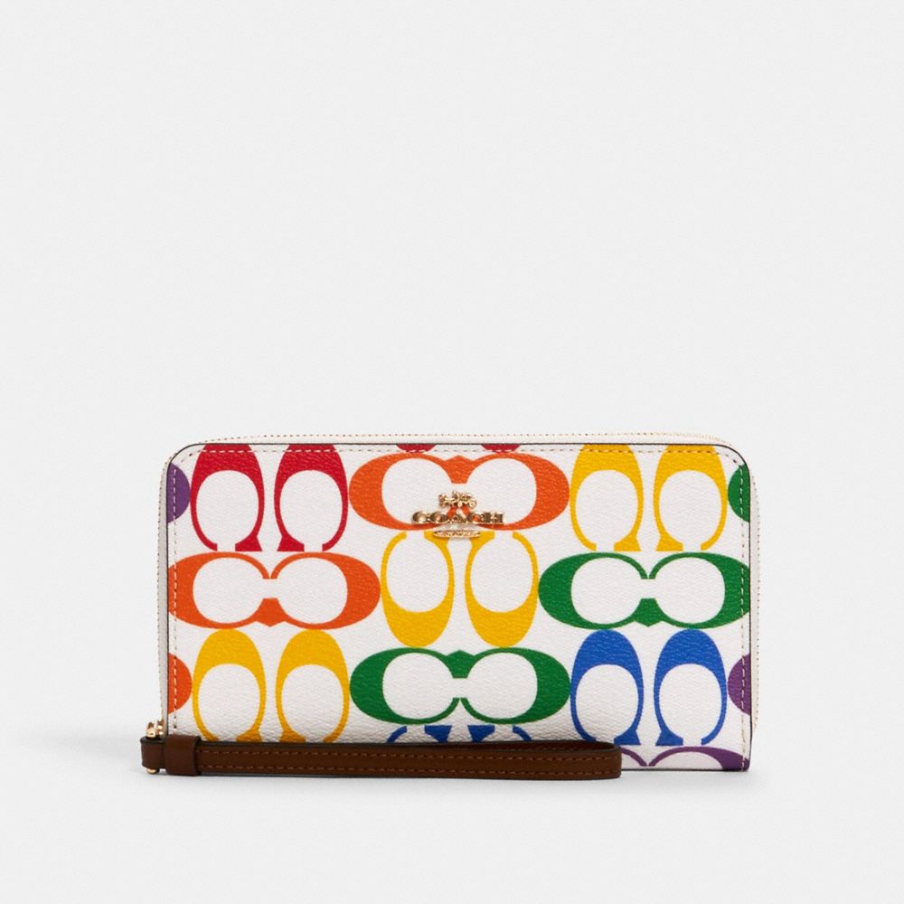COACH®,LARGE PHONE WALLET WITH RAINBOW SIGNATURE CANVAS,pvc,Gold/Chalk Multi,Front View