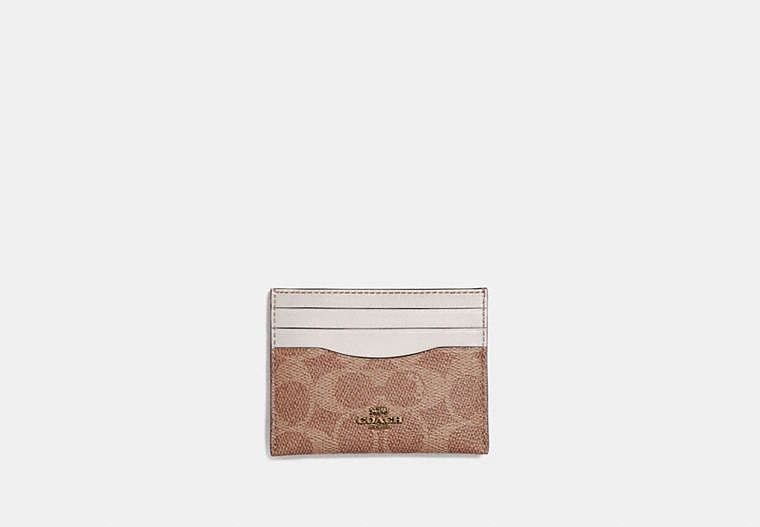 COACH®,CARD CASE IN COLORBLOCK SIGNATURE CANVAS,Signature Coated Canvas,Brass/Tan/Chalk,Front View