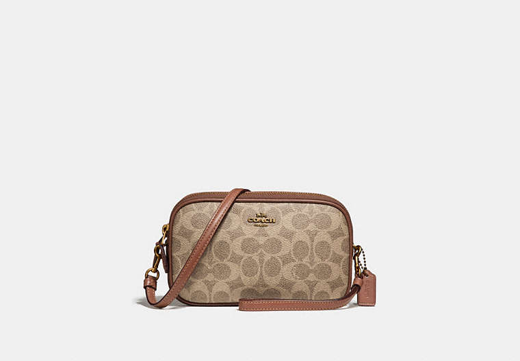 COACH®,SADIE CROSSBODY CLUTCH IN COLORBLOCK SIGNATURE CANVAS,Signature Coated Canvas,Brass/Tan/Rust,Front View