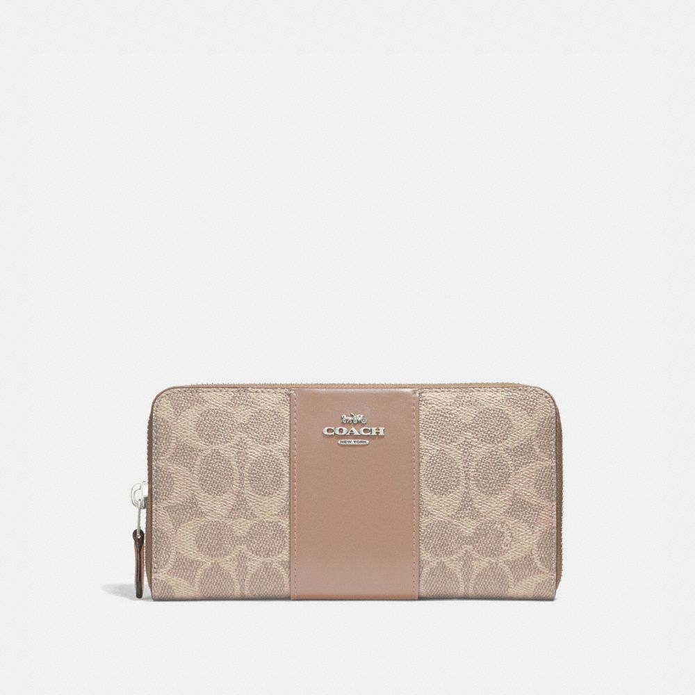 COACH®,ACCORDION ZIP WALLET IN COLORBLOCK SIGNATURE CANVAS,Mini,Light Antique Nickel/Sand Taupe,Front View