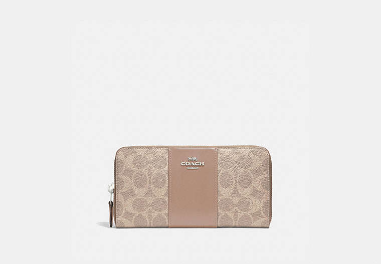 COACH®,ACCORDION ZIP WALLET IN COLORBLOCK SIGNATURE CANVAS,Coated Canvas,Mini,Light Antique Nickel/Sand Taupe,Front View