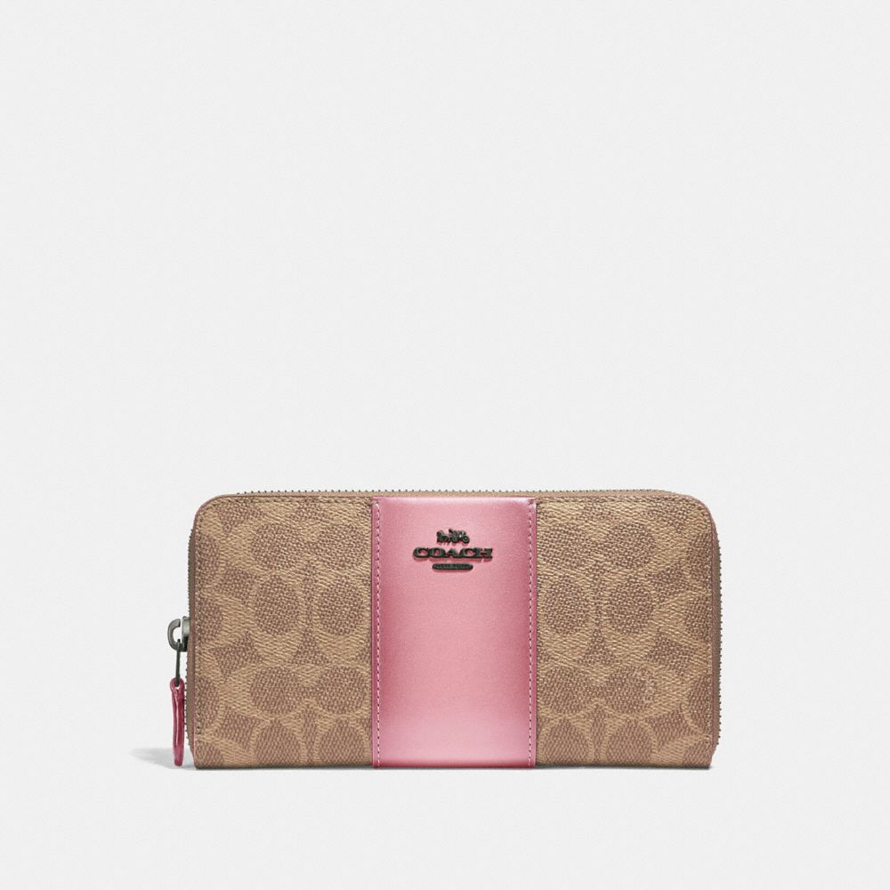 COACH®,ACCORDION ZIP WALLET IN COLORBLOCK SIGNATURE CANVAS,Mini,Pewter/Tan True Pink,Front View