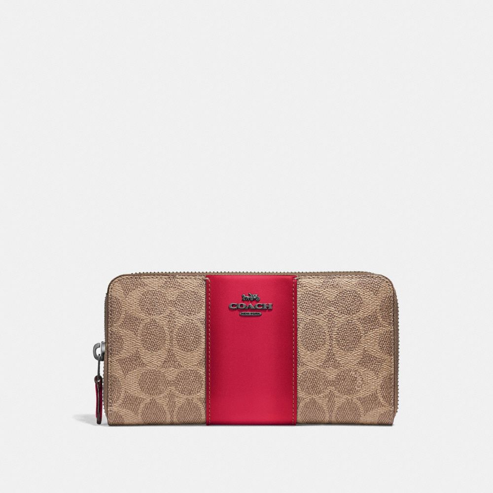 COACH®,ACCORDION ZIP WALLET IN COLORBLOCK SIGNATURE CANVAS,Mini,Pewter/Tan Red Apple,Front View