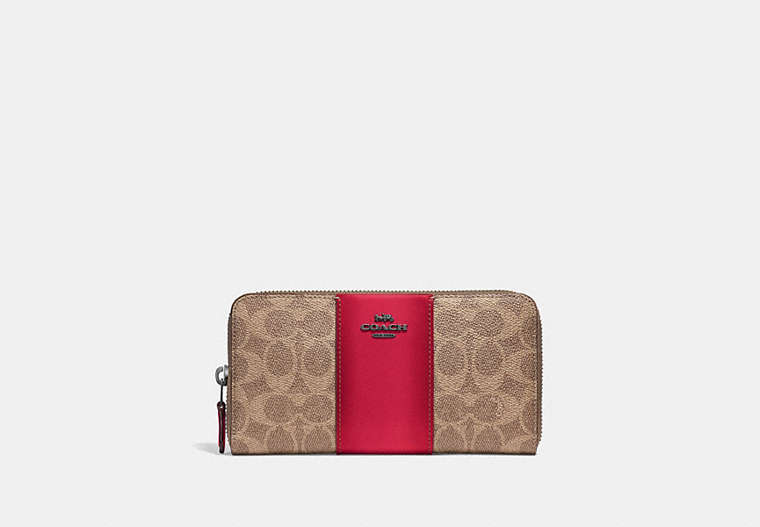 COACH®,ACCORDION ZIP WALLET IN COLORBLOCK SIGNATURE CANVAS,Coated Canvas,Mini,Pewter/Tan Red Apple,Front View