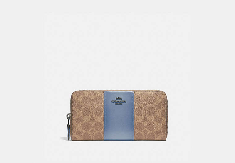 COACH®,ACCORDION ZIP WALLET IN COLORBLOCK SIGNATURE CANVAS,Coated Canvas,Mini,Pewter/Tan Bluebell,Front View