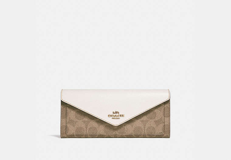 COACH®,SOFT WALLET IN COLORBLOCK SIGNATURE CANVAS,pvc,Brass/Tan/Chalk,Front View