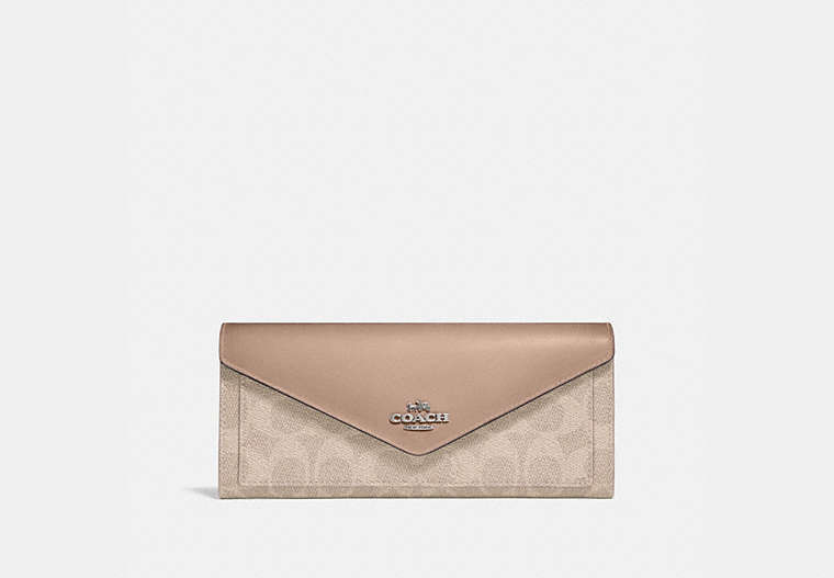 COACH®,SOFT WALLET IN COLORBLOCK SIGNATURE CANVAS,pvc,Light Antique Nickel/Sand Taupe,Front View