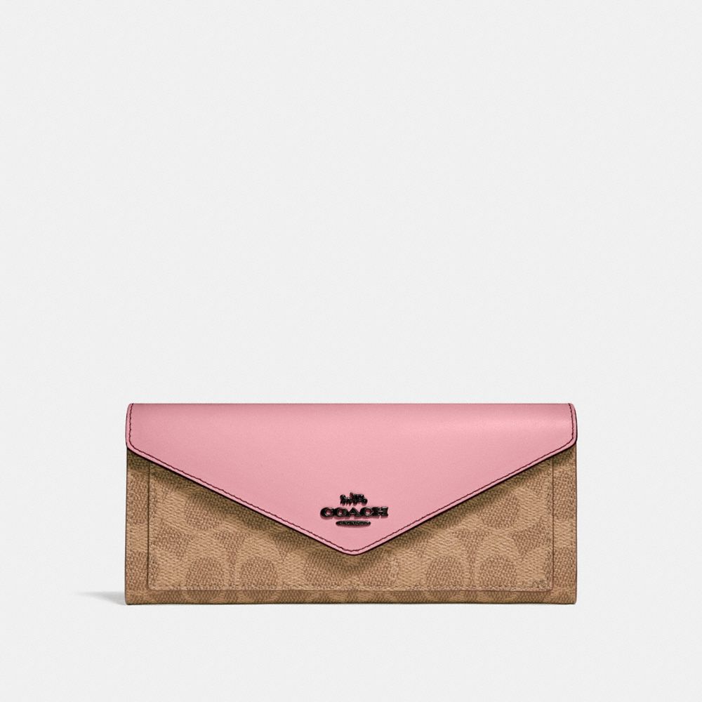 COACH®,SOFT WALLET IN COLORBLOCK SIGNATURE CANVAS,pvc,Pewter/Tan True Pink,Front View