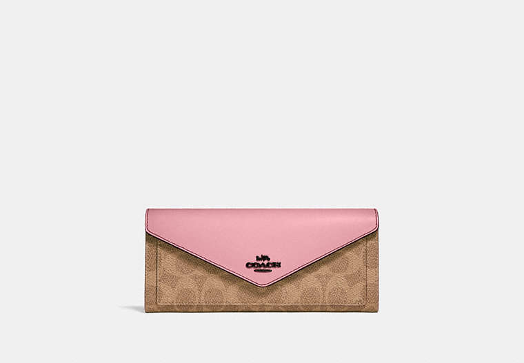 COACH®,SOFT WALLET IN COLORBLOCK SIGNATURE CANVAS,pvc,Pewter/Tan True Pink,Front View