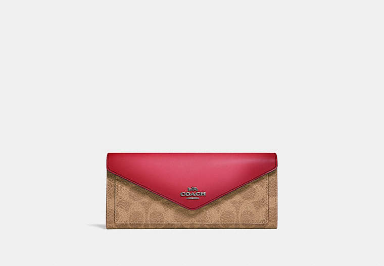 COACH®,SOFT WALLET IN COLORBLOCK SIGNATURE CANVAS,pvc,Pewter/Tan Red Apple,Front View